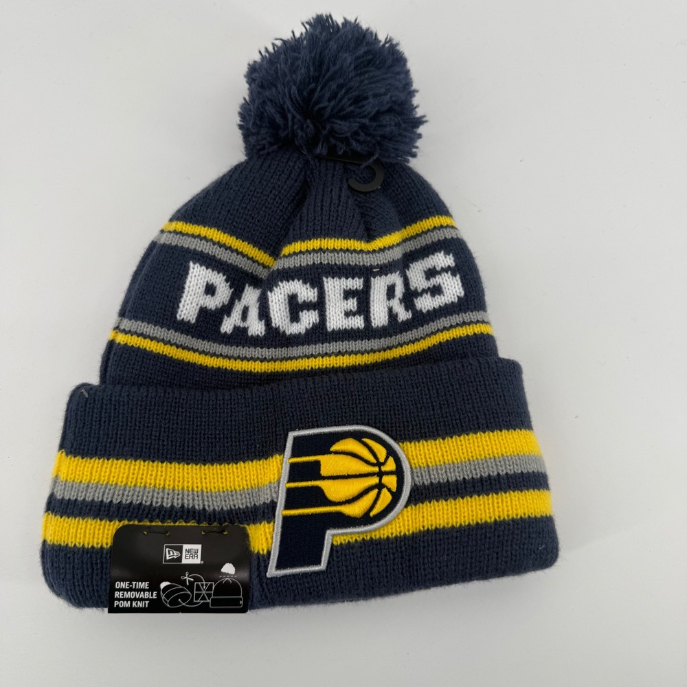 New Era Indiana Pacers NBA Navy Blue Yellow Striped Removable Pom Beanie Hat
